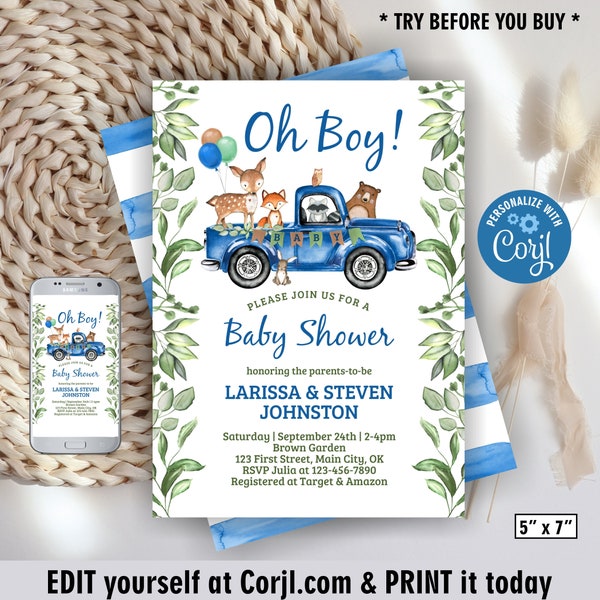 Woodland animals / truck blue / Baby Shower Invitation / drive by parade / boy / forest bear fox deer bunny mountains adventure W13