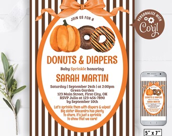 May include: An invitation for a baby sprinkle with a fall theme. The design features a pumpkin, donuts, and an orange bow. The text reads "Donuts & Diapers" and includes event details. A smaller version is displayed on a smartphone.