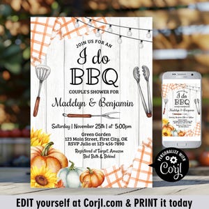 May include: A BBQ-themed invitation with the text "I do BBQ" for Madelyn & Benjamin's couple's shower. The design includes grilling tools, pumpkins, sunflowers, and string lights. A smartphone displays the invitation. Edit at Corjl.com.
