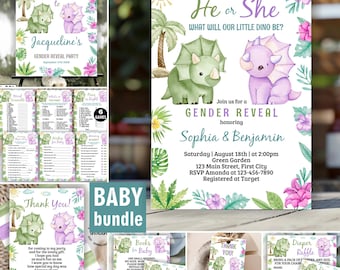 May include: A gender reveal party stationery bundle featuring watercolour illustrations of green and purple dinosaurs, palm trees, and tropical flowers. The set includes invitations, game cards, thank you notes, and raffle tickets with text details.