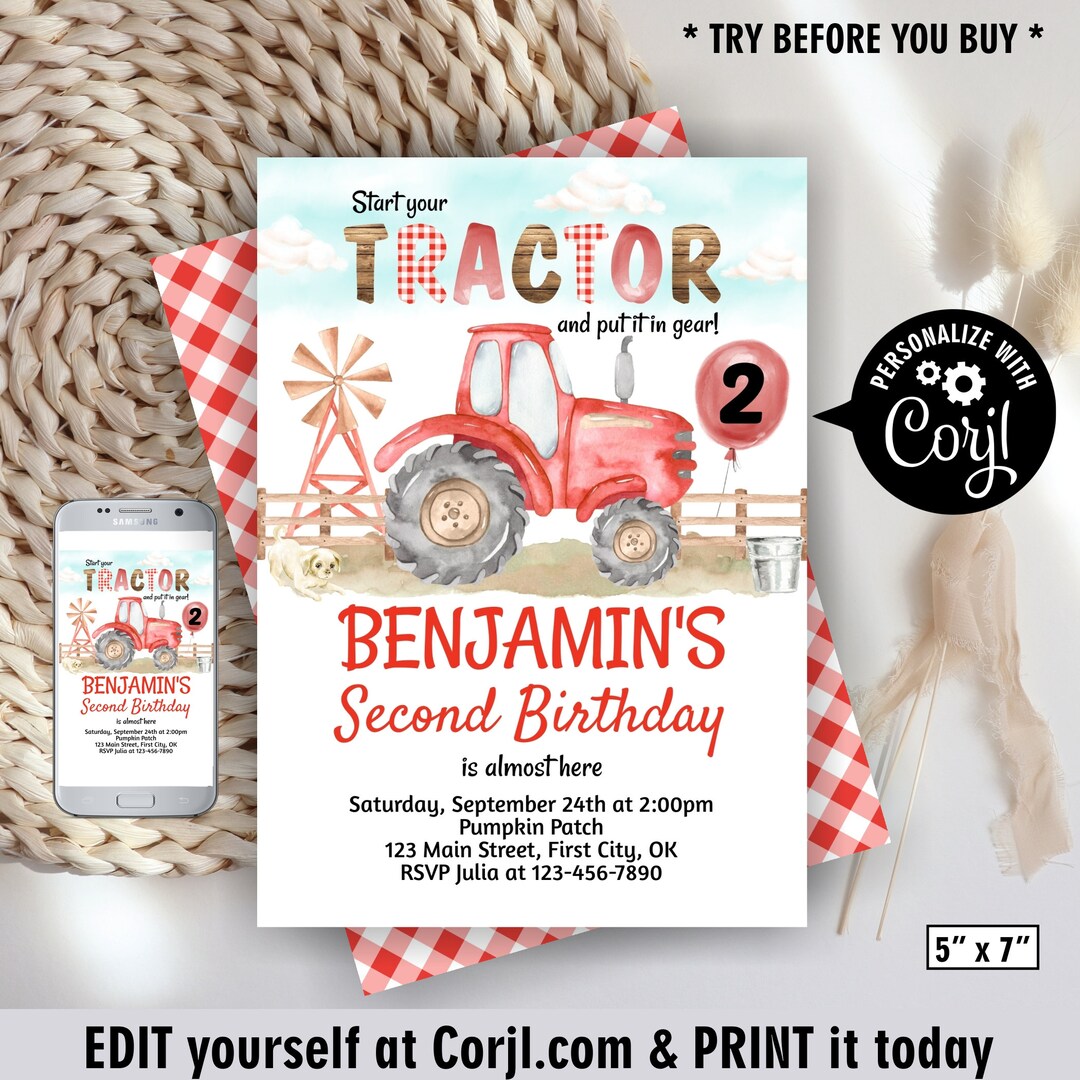 Tractor / Birthday / Invitation / Editable / Instant Access / Red / Boy ...