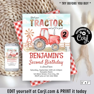 Tractor / birthday / Invitation / Editable / Instant Access / red / boy / farm / invite / woodland / rustic / balloon /BDTR4/ 03