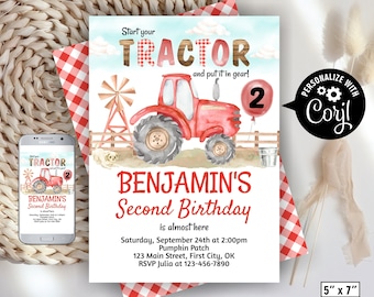 May include: A red and white tractor birthday invitation with a watercolor design. The invitation says "Start your tractor and put it in gear!" and features a red tractor with a number 2 balloon. The invitation is for Benjamin's second birthday and includes the date, time, and location of the party.