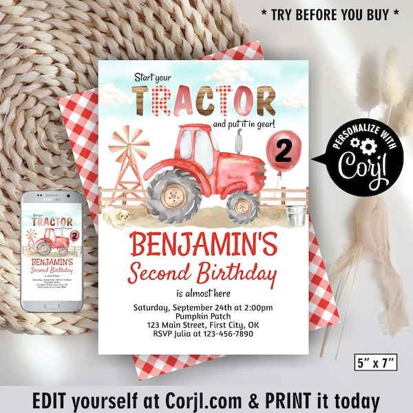 Tractor / birthday / Invitation / Editable / Instant Access / red / boy / farm / invite / woodland / rustic / balloon /BDTR4/ 03