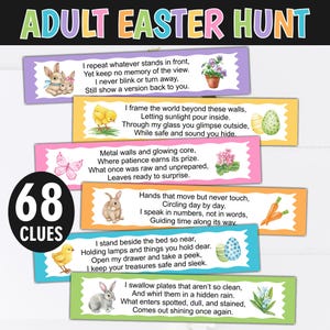 Op de afbeelding: Een Adult Easter Hunt-spel met 68 aanwijzingen. De afbeelding toont kleurrijke rechthoekige kaarten met raadsels en illustraties van Pasen-thema's zoals konijnen, kuikens en eieren. De titel "ADULT EASTER HUNT" staat bovenaan.