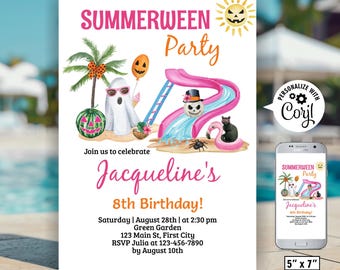 Summerween Birthday Party Invitation / Summer Halloween Ghost Birthday / Groovy Ghost Summer Pool Party SMWE1 251