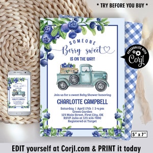 Blueberry / Blue / truck / Sweet / Berry / Baby Shower / Invitation / food / farm / boy / Editable / Invite / picnic / drive BBL2 169