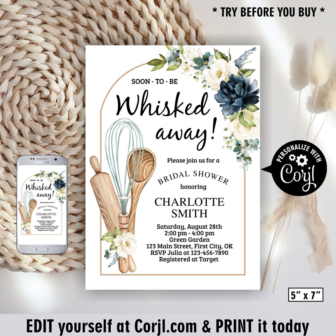 EDITABLE / Soon to Be Whisked Away Bridal Shower Invitation / Cooking / Boho / Blue / Floral