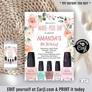 Spa / Boho / Mani-pedi / birthday invitation / manicure / pedicure / Editable / pink / rose / cream / girl invite glam sleep over BSpa14 193