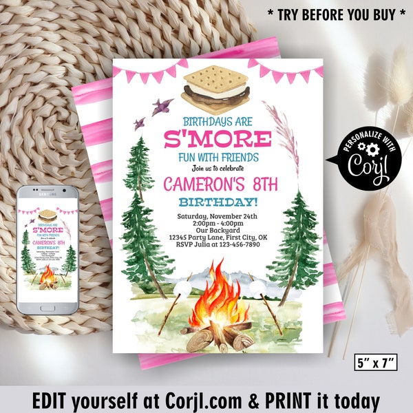 Bonfire / S'mores / Camp / birthday / Invitation / Editable / pink / girl / invite / woodland / camping / glamping / sleepover /BDCamp5/ 138