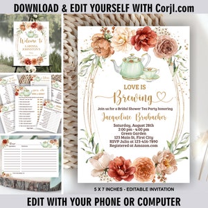 Tea / Love is brewing / bridal shower / invitation / fall / autumn / boho / gold / coffee / invite / Brunch / Floral Par-Tea /BRTea1 216