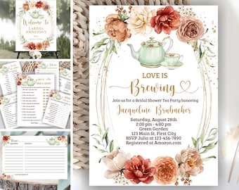 Tea / Love is brewing / bridal shower / invitation / fall / autumn / boho / gold / coffee / invite / Brunch / Floral Par-Tea /BRTea1 216
