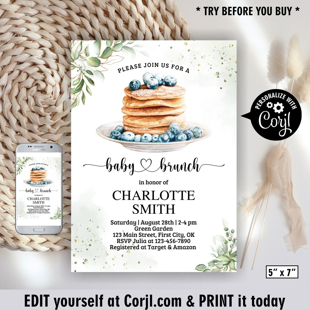 Pancake / Baby Brunch Invitation / Blueberry / Greenery / Gender