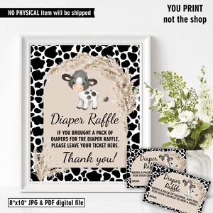 Placa de mesa e cartões de rifa de fraldas / Vaca / Animais da fazenda / Capim-dos-pampas / Placa de chá de bebê / Jogo de chá de bebê / Boho /DRCow1/ 112