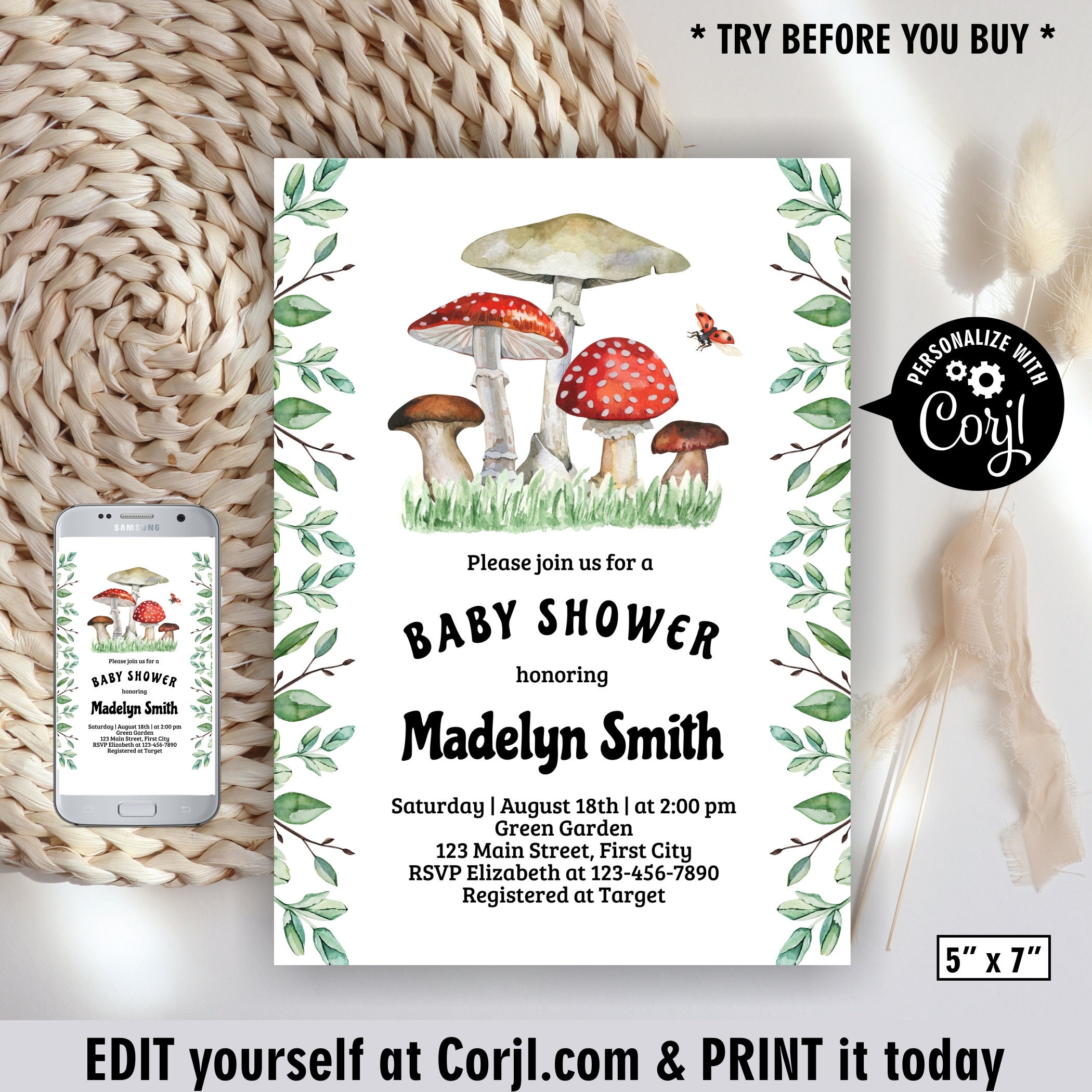 Mushroom Baby Shower Invitation Template, Cottagecore Baby Shower Invite, A  Little One is on the Way, Amanita Invitation, MUSHIE 
