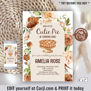Cutie pie / Birthday invitation / One / any age / Invite / girl / Party / Fall / Pumpkin / Little Cutie Pie / floral boho flowers Pie1 226