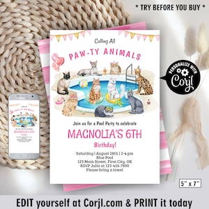 Cat / pink girl / Pool Party / Birthday Invitation / Aloha / Invite / Party / Breeds / Pool Paw-ty / Luau / Editable / beach BDCat2 217