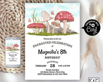 Mushroom / Birthday / invitation / forest / woodland / pink green / wildflower / girl boy / invite / editable / enchanted / fairy /BBMS1 168