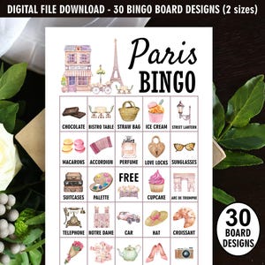 Precargado / París / Torre Eiffel / Bingo / 30 archivos / imágenes de juegos de cumpleaños para bebés y despedidas de soltera / Parisino / Francés / Café / Archivos PDF P1 222