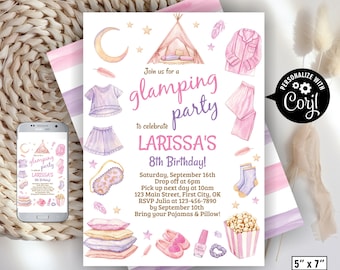 Glamping / birthday / boho / camping / Sleepover / Slumber / party / sleep over / invitation pink purple girl backyard movie night BSL52 106