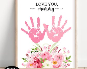 Love you mommy / Pink Flower Handprint Art Gift / Mother's day / Child Baby Keepsake / Craft Gift Mother Hand Art Grandma Toddler M5 243