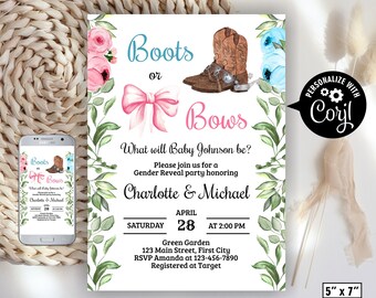 Boots or Bows / Gender reveal / Baby shower / invitation / cowgirl cowboy / greenery / floral / pink blue /BBGR8 184