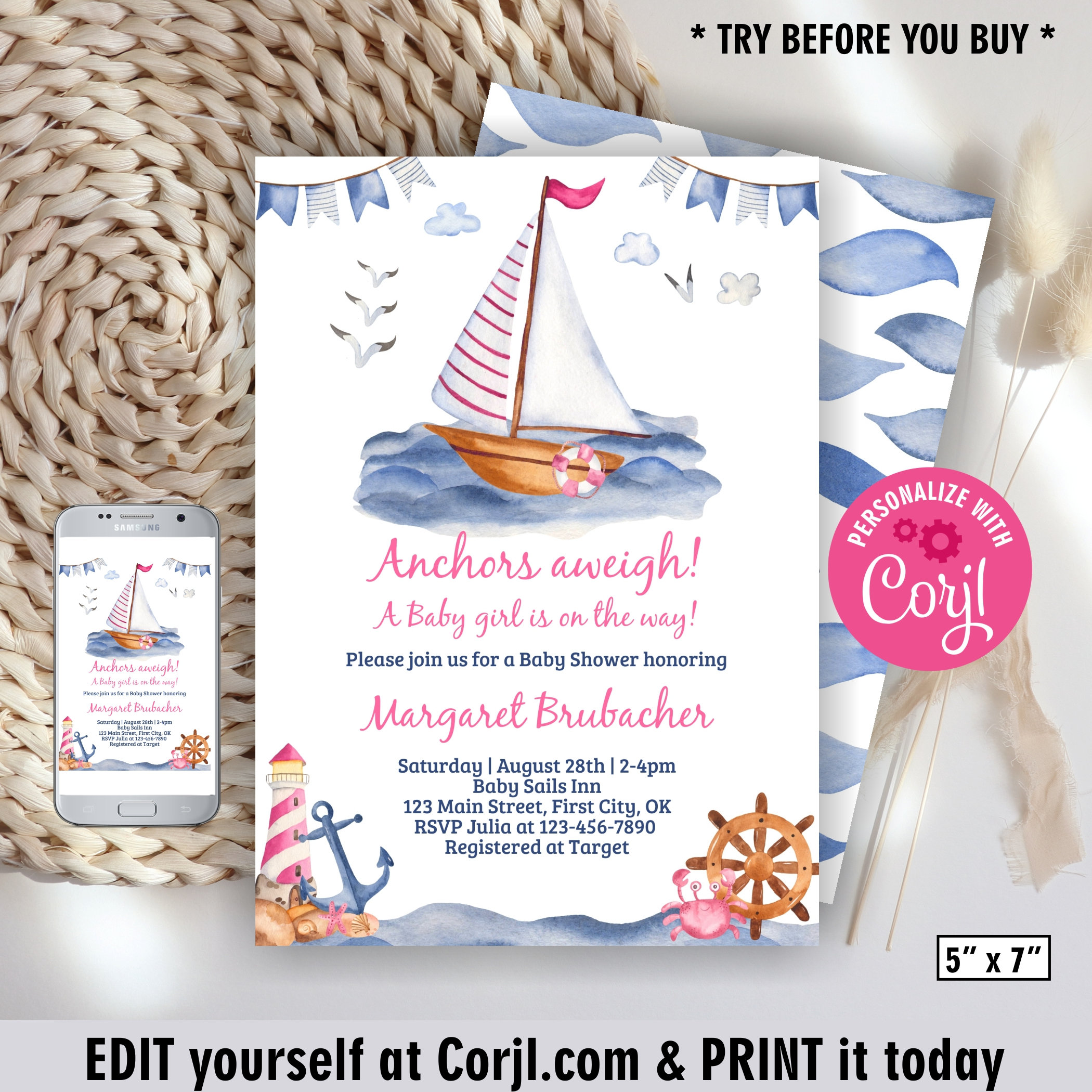 Nautical Baby Girl Shower Invitations