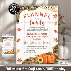 May include: An autumnal invitation card with the text "Flannel and Family." The design features a pumpkin, autumn leaves, and a plaid scarf. The invitation is 12.7cm x 17.8cm and includes event details.
