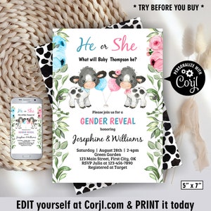 Cow / Gender Reveal Invitation / greenery / girl / boy / pink / blue / farm animals / baby shower invite / cowboy cowgirl BBC30 112