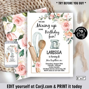 Puede incluir: Una invitación de cumpleaños floral rosa y verde con un tema de cocina. La invitación dice "¡Estamos mezclando un poco de diversión de cumpleaños!" y presenta una batidora, un rodillo, una cuchara de madera y un batidor. La invitación es para la fiesta de cumpleaños número 8 de Larissa. La fiesta es el sábado 28 de agosto de 2:00 pm a 4:00 pm en Green Garden, 123 Main Street, First City, OK. RSVP a Julia al 123-456-7890.