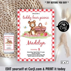 Teddy Bear Picnic / Instant access / Birthday / Invitation / boy / girl / blue / red / green / woodland / editable / baby shower /BDPC11/ 09