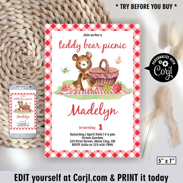 Teddy Bear Picnic / Instant access / Birthday / Invitation / boy / girl / blue / red / green / woodland / editable / baby shower /BDPC11/ 09