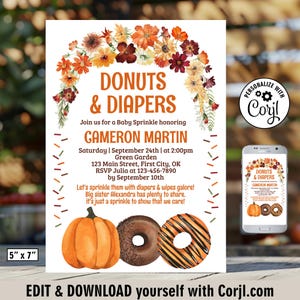 May include: A baby sprinkle invitation featuring the text "DONUTS & DIAPERS" and event details for Cameron Martin. The design includes watercolor illustrations of a pumpkin and donuts, with a floral wreath. A phone displays the invitation.