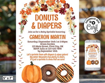 May include: A baby sprinkle invitation with the text "DONUTS & DIAPERS" and details for Cameron Martin's event. The design includes watercolor illustrations of a pumpkin and donuts, with a floral wreath. A phone displays the invitation.