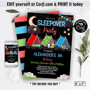 Sleepover / party / sleep over / tent / camp / camping/ instant access / movie night / green red blue boy birthday invitation /BSL30/ 106
