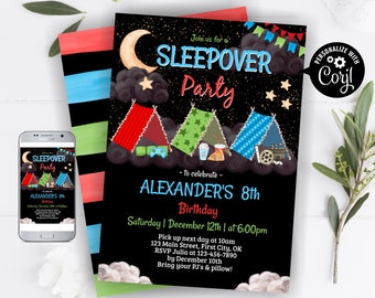 Sleepover / party / sleep over / tent / camp / camping/ instant access / movie night / green red blue boy birthday invitation /BSL30/ 106