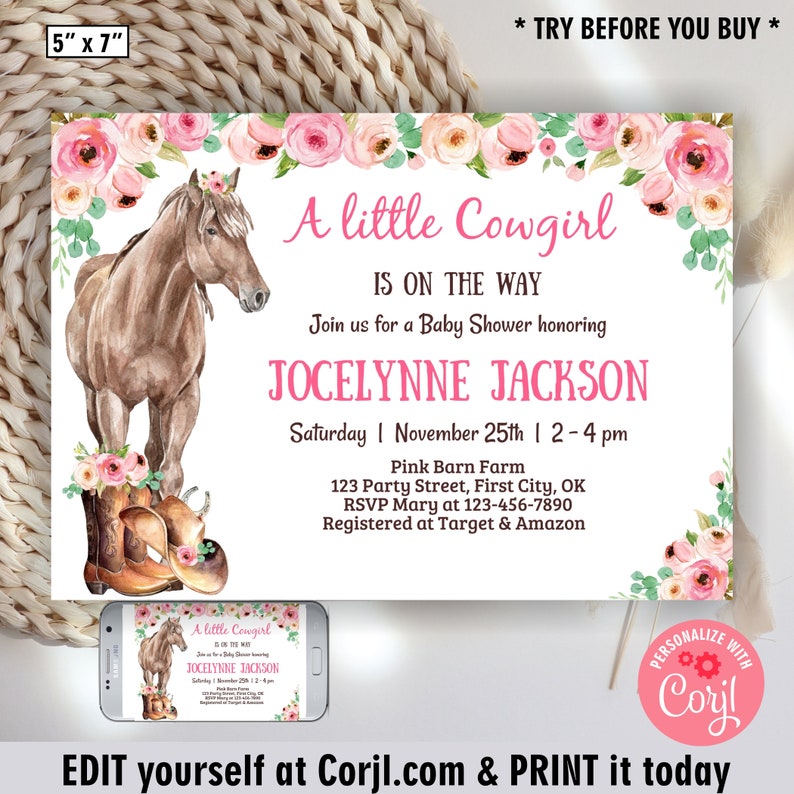 Horse cowgirl rodeo baby shower invitation little farm invite girl pink flowers party hat boots western diaper raffle book