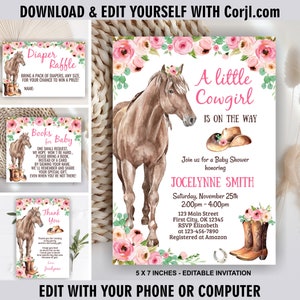 Horse baby shower invitation little cowgirl diaper raffle book farm invite girl pink floral flowers party cowboy hat boots western BBH1 164