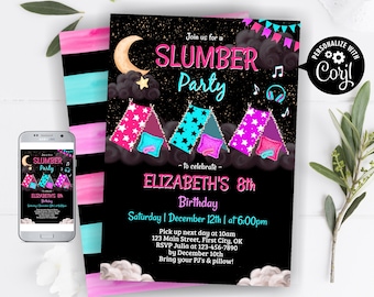 Slumber / Pajamas / party / TikTok / sleepover / purple / pink / teal / girl / birthday / invitation / invite / glamping /BSL28/ 106