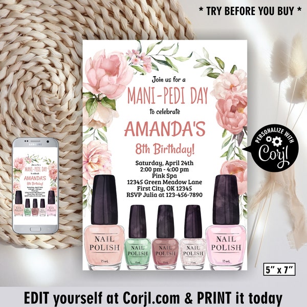 Boho / Mani-pedi / Spa / manicure / pedicure / Editable / pink / rose / cream / girl / birthday invitation invite glam sleep over BSpa13 193