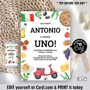Italiano / Convite para festa de aniversário / Uno / Itália / Vespa Food Pizza / jantar / espaguete / macarrão / pizza / convite / um / qualquer idade BDIT2 220