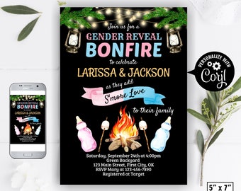 Gender Reveal / Bonfire / co-ed couples / S'mores BBQ Picnic / girl boy / baby shower / pink blue / milk bottle / chalkboard BB6 196