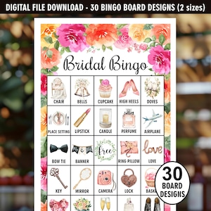 Juego de bingo para despedida de soltera con diseño floral / 30 ARCHIVOS DIGITALES Diseños de tableros de bingo / floral / flores de jardín / niña / tarjetas de juego flores silvestres BRFL2 171