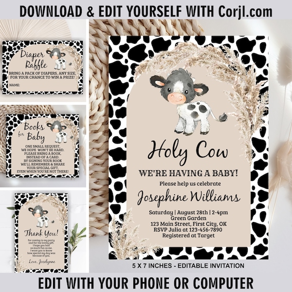 Cow / baby shower / diaper / book / pampas grass / farm / animals / boho /  cowboy / cowgirl / invitation / girl / boy / invite BSCow10 112