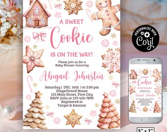 May include: A pink and brown baby shower invitation with gingerbread house, cookie, and tree illustrations. The text reads "A Sweet Cookie Is On The Way!" and includes event details and the name Abigail Johnston. A phone displays the invitation.
