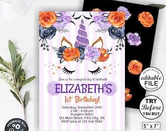 May include: A whimsical invitation for Elizabeth's 1st birthday, featuring a unicorn design with a purple glitter horn, gold ears, and floral accents. The invitation is 5" x 7" and includes event details. Text at Corjl.com.