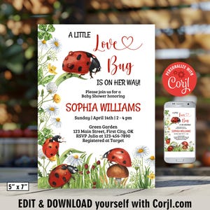 Ladybug / Baby shower Invitation / wildflower / lady bug / Party Invite / Summer / Spring / daisy / Editable red black flowers wild BLB1 173