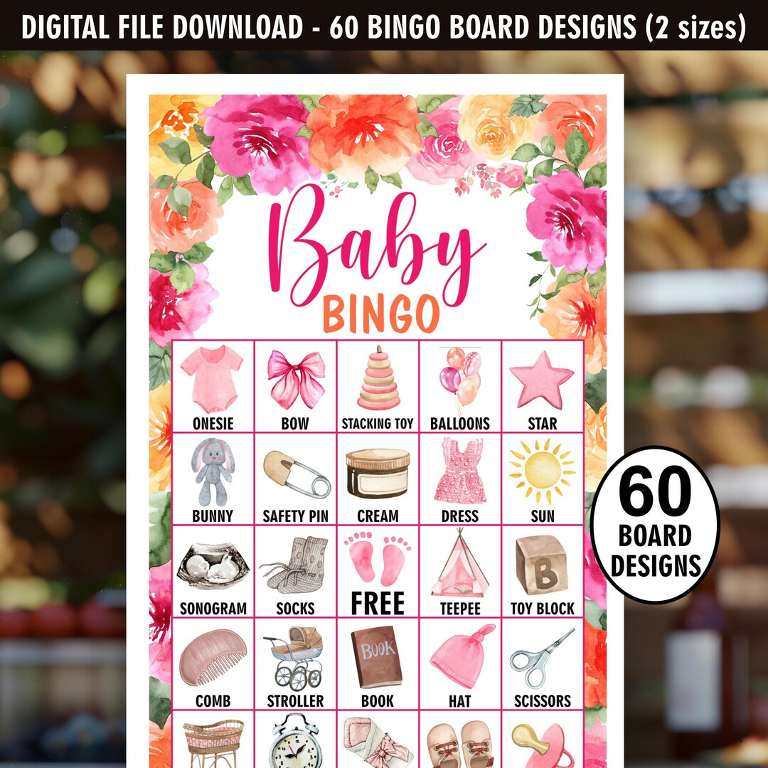 Flower Baby Bingo / Pink Orange / Baby in Bloom / 60 DIGITAL FILES ...
