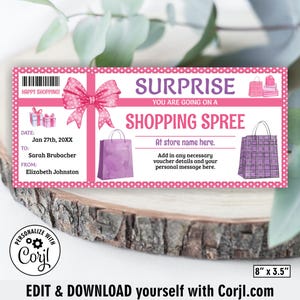 Bon cadeau virée shopping / Billet surprise / Bon shopping journée / Bon shopping shopping modifiable / Carte cadeau shopping G3 248