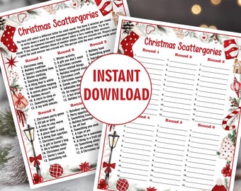 May include: Two printable Christmas Scattergories game sheets with festive holiday decorations. The sheets feature rounds with various Christmas-themed categories and the text "INSTANT DOWNLOAD" in a red circle. The bottom reads "DIGITAL FILE ONLY (NON-editable PDF file)."